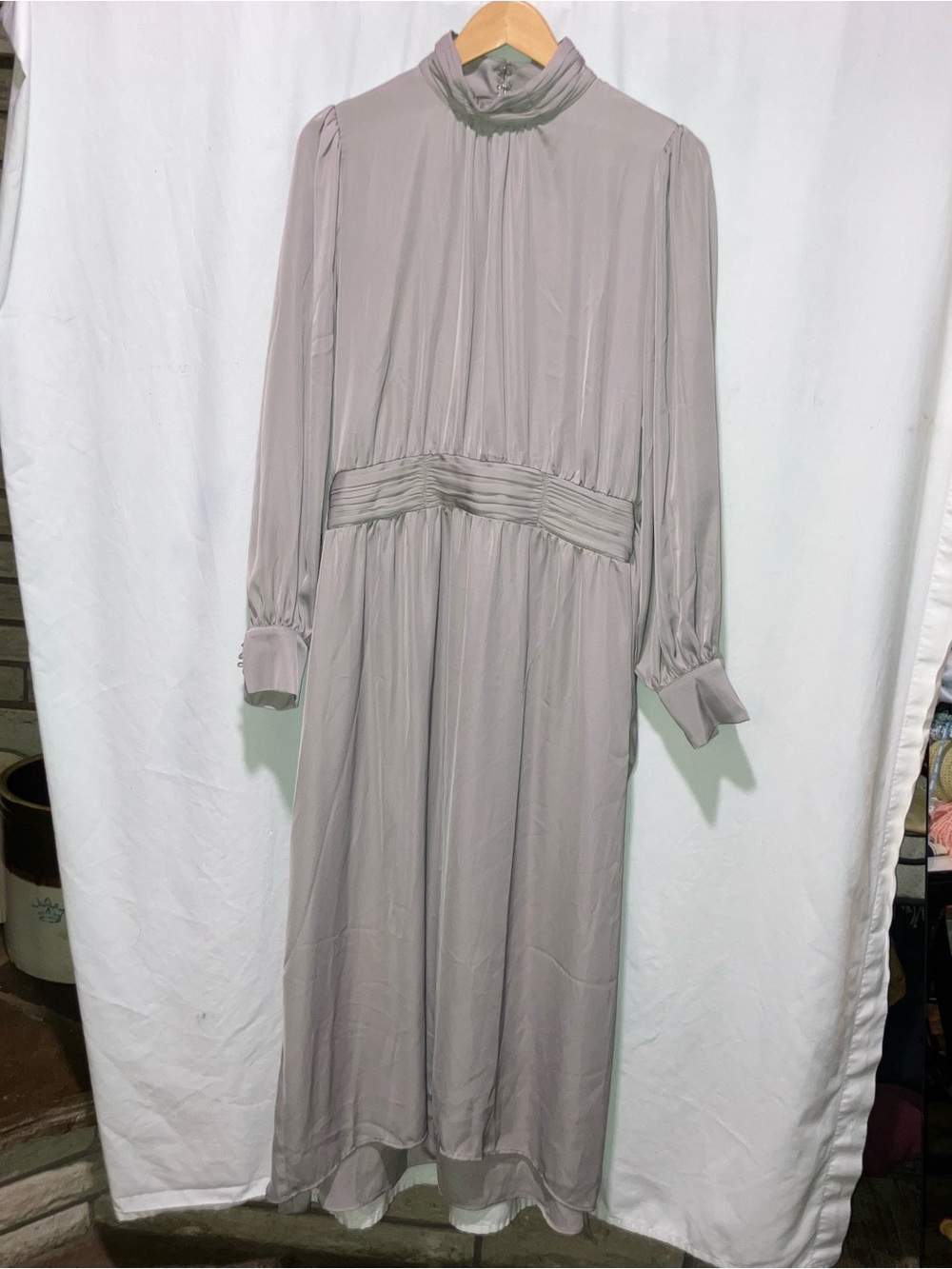 H&M Taupe Long-Sleeve High-Neck Midi Dress